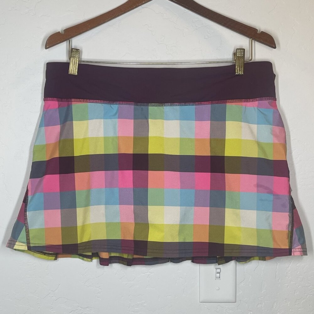 LULULEMON PACE SETTER SKIRT/SKORT-SEA CHECK MULTI/PLUM SIZE 10